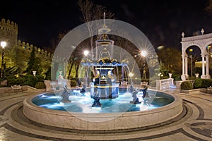 Baku, Azerbaijan - 2018: Garden water fountain of Youth. Fountain Square and the city Park in the center of Night Baku.