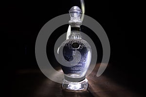 BAKU, AZERBAIJAN - JAN 31, 2021: Bourge Vodka is a brand of vodka, produced in France. Bottle of vodka on wooden table
