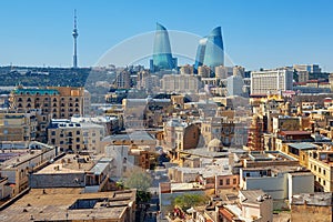 Baku city, the Old town and modern skyline, Azerbaijan