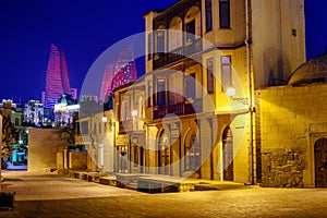 Baku Old Town and Flame Towers at night, Azerbaijan