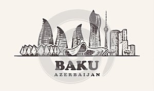 Baku skyline,Azerbaijan vintage vector illustration, hand drawn buildings photo
