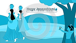 Bal Krishna with Gulel and Gopi with matki flat vector illustration, Happy Janmashtami vector illustration
