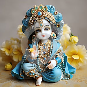 Bal Krishna Laddu Gopal beautiful Cloths and Jewelry Krishna Janmashtami. Generative Ai