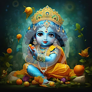 Bal Krishna Laddu Gopal beautiful Cloths and Jewelry Krishna Janmashtami. Generative Ai