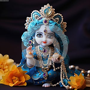 Bal Krishna Laddu Gopal beautiful Cloths and Jewelry Krishna Janmashtami. Generative Ai