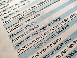 Balance accounting sheet in stockholder report book, balance sheet photo