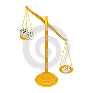 Balance concept Time and Money. Gold brass balance scale isolated on white background. Isometric view