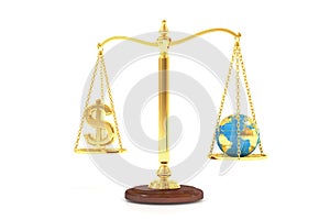 Balance concept, world and money on the scales. 3D rendering