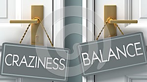 Balance or craziness as a choice in life - pictured as words craziness, balance on doors to show that craziness and balance are photo