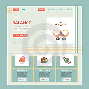 Balance flat landing page website template. Brain power, career choice, automatism. Web banner with header, content and