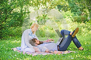 Balance freelance and family life. Man and girl work laptop. Build business with your spouse. Couple in love or family