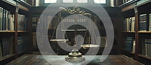 Balance of Law: Scales of Justice Amidst Legal Tomes. Concept Legal profession, scales of justice,