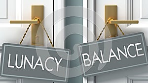Balance or lunacy as a choice in life - pictured as words lunacy, balance on doors to show that lunacy and balance are different