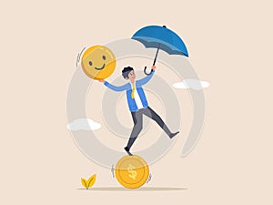 Balance between money and happiness, wealth and health, businessman holding umbrella balancing himself on stack of smile