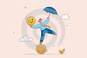 Balance between money and happiness, wealth and health, businessman holding umbrella balancing himself on stack of smile