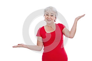 Balance - older woman holding scales - isolated red