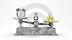 Balance Scale with Clock and Gold Coins, money is worth more than time concept 3D Render, 3D Illustration