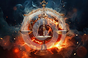 A balance scale with a fireball placed in the center, symbolizing the zodiac sign Libra and the concept of balance and justice