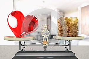 Balance scale with heart and money