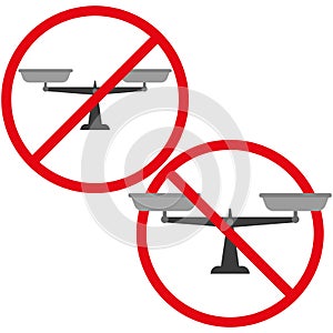 Balance scale prohibition icon. No weighing symbol. Red prohibition circle. Vector justice scale. photo
