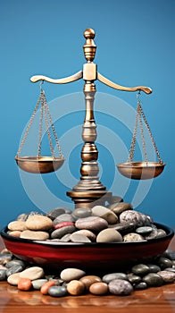 A balance scale sitting on top of a pile of rocks. AI.