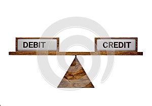 A balance scale with two signs, one says debit and the other says credit