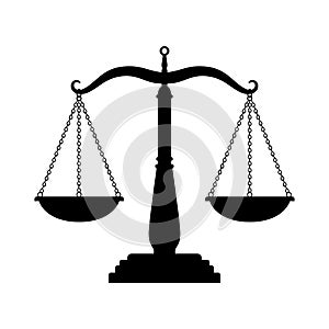 Balance scales black icon. Judge scale silhouette image, trading weight and law court symbol vector illustration, black