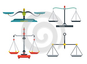 Balance scales with weight and equal pans. Device to measure mass, compare two objects, home and laboratory instrument