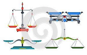 Balance scales with weight and equal pans. Device to measure mass, compare two objects, home and laboratory instrument