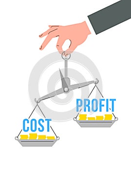 Balance scales with words cost and profit