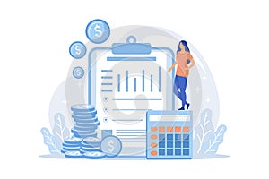 Balance sheet cartoon web icon. Accounting process, finance analyst, calculating tools.