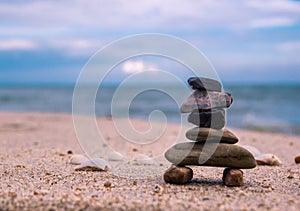 Balance of Stone arrangements on the beach.