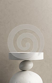 balance stone. circle white podium display product on white rocks. concrete wall texture backdrop zen style. platform advertising.