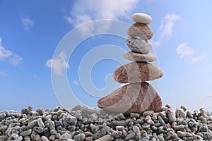 Balance stone on pile rock of blue sky background.