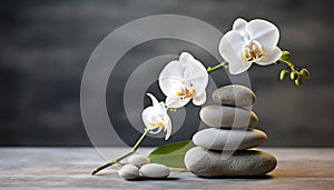 Balance stone stack, nature harmony, freshness in still life generated by AI