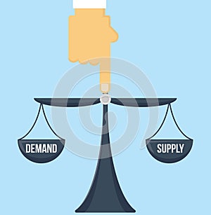 Balance of supply and demand scale with invisible hand pointing to the center vector