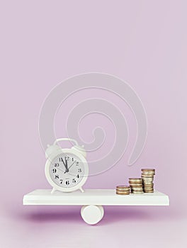 Balance Between Time and money concept. White sand clock and dollar bagson a balance scale in equal position on pink background
