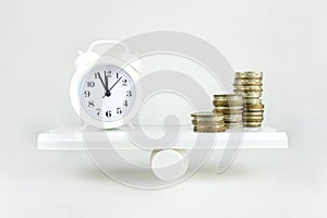 Balance Between Time and money concept. White sand clock and dollar bagson a balance scale in equal position on white background
