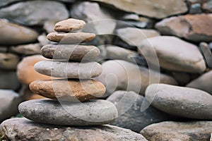 Balance and tranquility in a natural setting Serene cairn of smooth, rounded stones