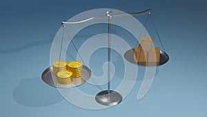 Balance Wealth And Production. Scale for Money and Gold. Box, Crate, container. Measured Value. 3D Illustration on blue background