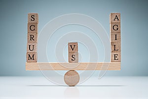 Balance Of Wooden Scrum Vs Agile Blocks On Seesaw