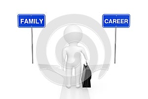 Balance Your Life Concept. Businessman Person Character on the Arrow Road Choice between Career or Family. 3d Rendering