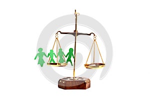 Balance your life concept with scale weighting money and family life isolate on white background photo