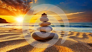 Balance of Zen Stones on the Sandy Beach at Sunset or Sunrise - Generative Ai