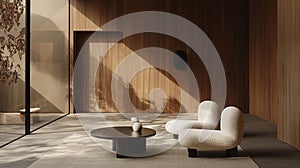 Balanced composition coffee table positioned between white sofa and armchairs in side angle shot photo
