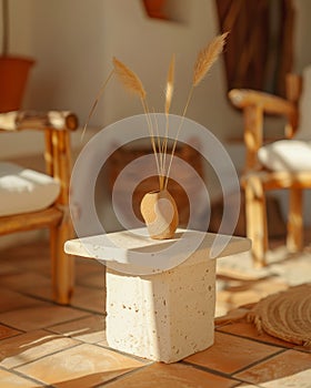 Balanced composition coffee table positioned between white sofa and armchairs in side angle shot photo