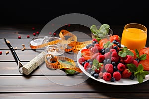 Balanced diet blueprint Menu, tape measure, dumbbells  water, fresh fruits underline health