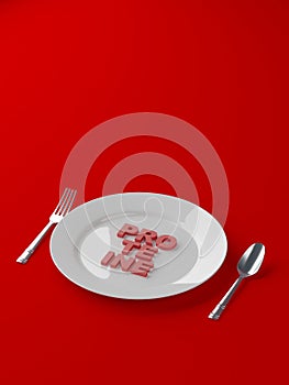 Balanced diet concept - fats carbs and protein on white plate color background - 3d illustration