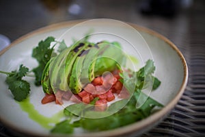 Balanced diet, cooking, culinary and food concept - close up of vegetables, fruits and meat on wooden table