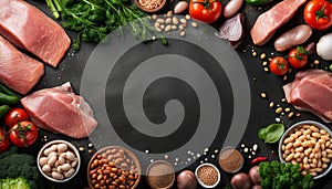 Balanced diet food background. Organic food for healthy nutrition. Meat fish beans and vegetables. Top view copy space on dark